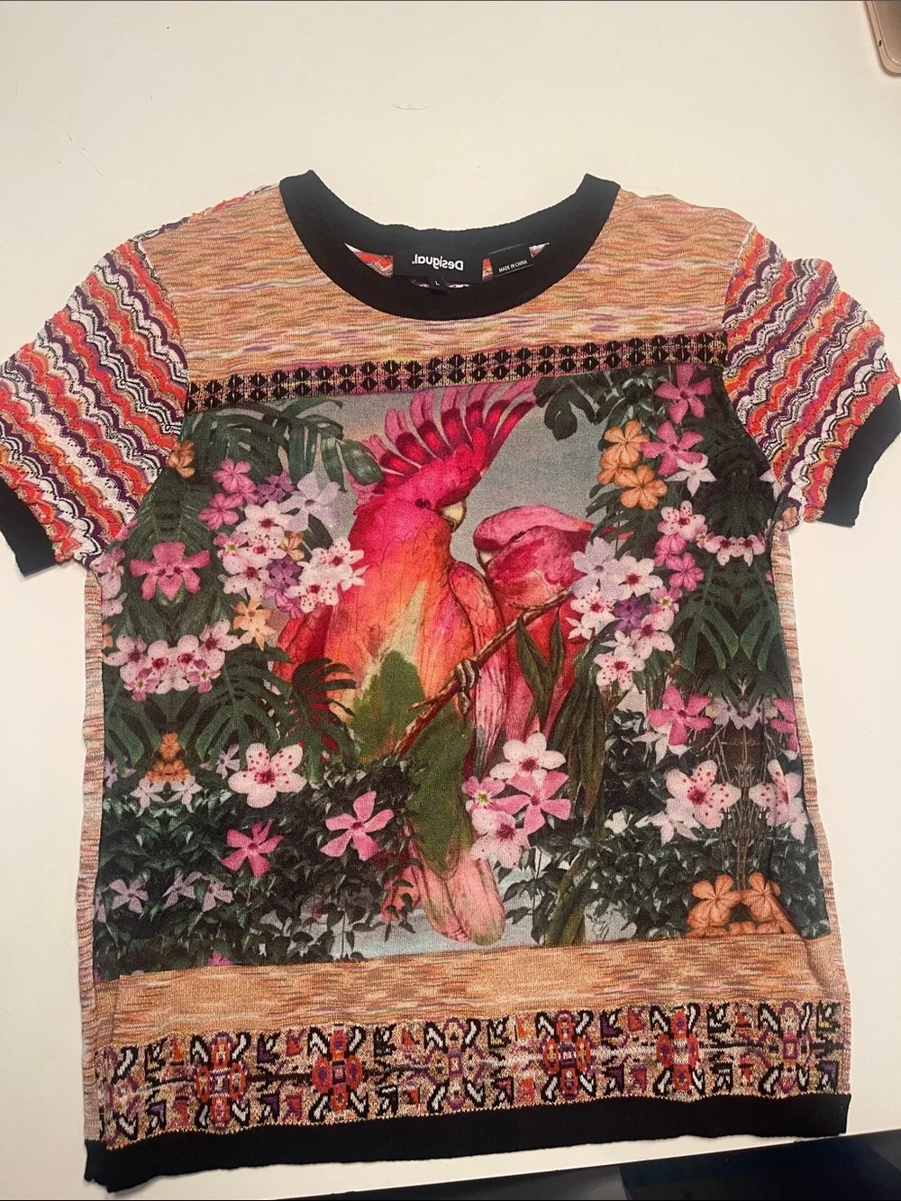 Desigual Pink Multi Parrot Floral Short Sleeve Tee BNWOT - Picture 1 of 4